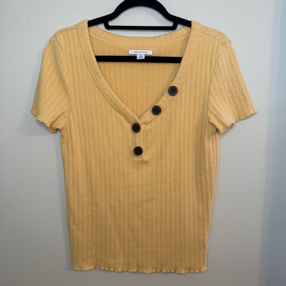 AE Yellow Button V Neck Ruffle Edge Sweater Top Pointelle L - Picture 2 of 9